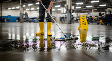 A janitor wearing yellow rubber boots is mopping a wet, reflective floor in a large industrial factory or warehouse. A yellow 'wet floor' caution sign is visible in the background, representing cleaning services, maintenance, and workplace safety.の素材