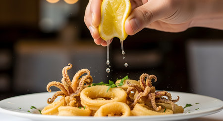 A hand squeezes a wedge of fresh lemon, with juice dripping onto a plentiful plate of golden-fried calamari rings and tentacles. The appetizer is garnished with parsley and served in a restaurant, highlighting delicious seafood.の素材