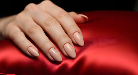 A close-up of a woman's elegant hand with a flawless, glossy nude or beige manicure. The almond-shaped nails rest gently on a luxurious, rich red silk or satin fabric, representing beauty, nail art, and salon care.の素材