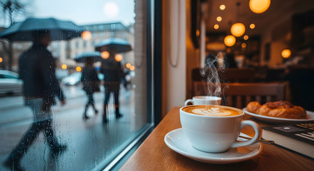 A steaming cup of coffee with latte art sits on a wooden table inside a cozy cafe. Through the rain-streaked window, blurred figures with umbrellas walk down a city street. The warm interior contrasts with the cold, wet weather outside, creating a sense of comfort and relaxation.の素材