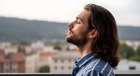 A profile shot of a handsome man with long hair standing on a balcony with his eyes closed, taking a deep breath of fresh air. The background shows a soft-focus view of a city or town, evoking feelings of peace, relaxation, and mindfulness.の素材