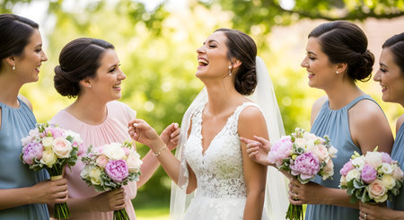 A beautiful bride in a white lace wedding dress is laughing heartily outdoors with her four bridesmaids. The bridesmaids are wearing matching light blue dresses and holding bouquets of pink and white flowers. The group is sharing a happy, candid moment on the wedding day.の素材