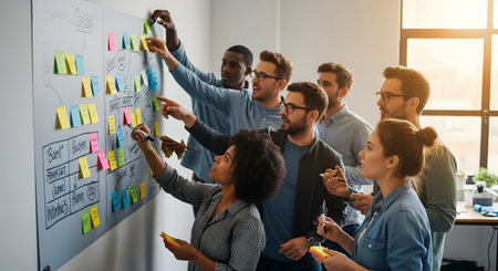 A diverse group of young professionals actively brainstorms around a whiteboard. They are pointing, writing, and placing colorful sticky notes on the board, which is covered in charts and ideas. The team looks engaged, collaborative, and focused in a modern office setting.の素材