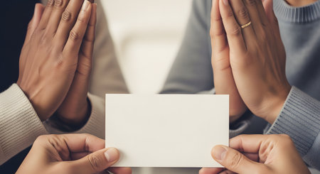A close-up shot focused on the hands of two people holding a blank white card, perfect for a mockup. The hands show different skin tones, one with a wedding ring, suggesting a couple, partnership, or diversity.の素材