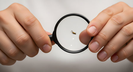A close-up of a person's hands holding a black magnifying glass to examine a very small fly. The lens enlarges the insect, highlighting details that are otherwise invisible to the naked eye. This image represents concepts like scrutiny, investigation, detail, and discovery.の素材