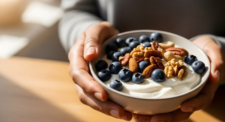 A person holds a white bowl of Greek yogurt topped with fresh blueberries, walnuts, almonds, and pecans. The healthy breakfast or snack is held in sun-dappled light, emphasizing clean eating, nutrition, and a healthy lifestyle.の素材