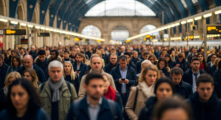 A vast crowd of diverse commuters fills a large, arched train station platform. People are walking in both directions, creating a sense of movement and busy city life. The shallow depth of field focuses on a few individuals amidst the anonymous mass, conveying themes of urban living and transportation.の素材