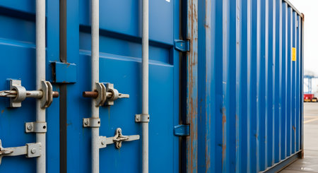 A close-up side view of a large blue shipping container, focusing on its corrugated metal surface and locking mechanisms. Patches of rust are visible, indicating wear and tear from transport. The image represents global trade, logistics, shipping, and industrial transport.の素材