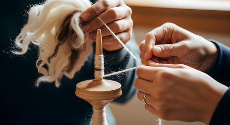 A close-up shot of a person's hands spinning raw wool into yarn using a wooden drop spindle. One hand holds the fluffy fiber (roving), while the other guides the twisting thread onto the spindle. This image showcases a traditional craft, textile making, and handmade processes.の素材