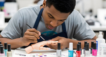 A young Black man, wearing an apron, practices nail art with a fine brush on a mannequin hand. He is focused and surrounded by various nail polish bottles, gems, and manicure tools on a table.の素材