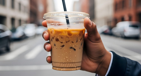 A close-up of a person's hand holding a plastic cup of iced coffee with a black straw. The background is a blurred city street with cars and buildings, suggesting an urban, on-the-go setting.の素材