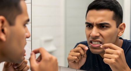 A young man with a focused expression is seen flossing his teeth while looking at his reflection in a bathroom mirror. The image highlights the importance of a daily dental hygiene routine for oral health and self-care.の素材