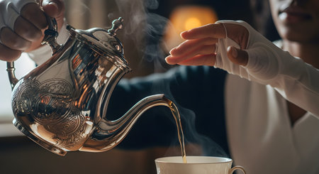 A close-up shot shows a person pouring hot, steaming tea from an ornate, silver teapot into a white teacup. The person receiving the tea has their hands, wrapped in white gloves or bandages, held open over the cup. The scene is warm, elegant, and suggests a formal tea time or a moment of care.の素材