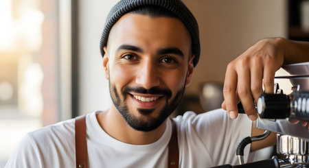 A close-up portrait of a handsome young male barista with a beard, wearing a grey beanie and a white t-shirt. He is smiling warmly at the camera while leaning his hand on a professional espresso machine in a coffee shop.の素材