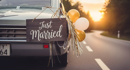 The back of a vintage car features a wooden 'Just Married' sign hanging from the bumper, along with gold and white balloons and streamers. The car is driving down a paved road into a beautiful, warm sunset, symbolizing the start of a new journey together.の素材