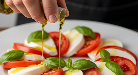 A close-up shot shows a hand pouring golden olive oil from a bottle onto a fresh Caprese salad. The salad is arranged on a white plate with slices of ripe tomato, fresh mozzarella cheese, and green basil leaves. This image represents Italian cuisine, healthy eating, and fresh ingredients.の素材
