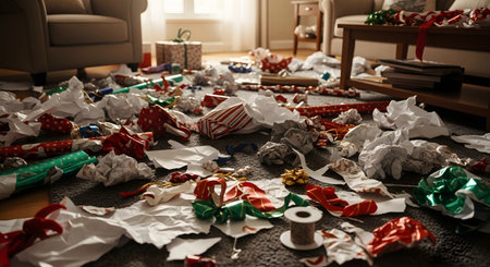 A messy living room floor covered in crumpled wrapping paper, discarded ribbons, bows, and gift boxes. The scene captures the chaotic aftermath of opening presents, likely on Christmas morning or after a birthday party.の素材