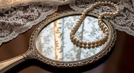 A string of classic white pearls is elegantly draped over an ornate, vintage silver hand mirror. The mirror and pearls rest on a dark wooden vanity next to a piece of delicate white lace, evoking a sense of nostalgia, elegance, and timeless beauty.の素材