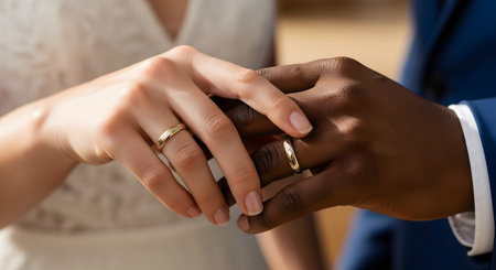 A close-up shot of an interracial couple, a Black groom and a White bride, tenderly holding hands on their wedding day. Both are wearing simple gold wedding bands, symbolizing their marriage, love, and commitment.の素材