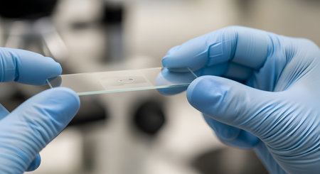 A close-up shot of a scientist's hands, protected by blue nitrile gloves, holding up a glass microscope slide for inspection in a laboratory. In the background, a microscope is out of focus, emphasizing the focus on the sample and the research process.の素材