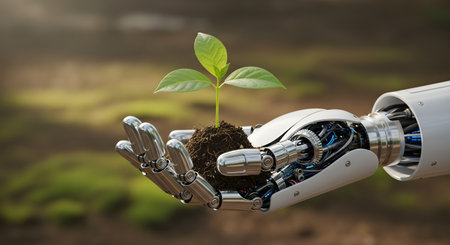A metallic, humanoid robot hand is shown holding a small mound of dark soil, from which a new green sprout is growing. The image symbolizes the intersection of technology and nature, sustainable tech, and AI in agriculture.の素材