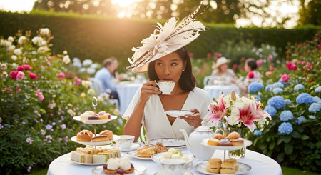 An elegant Asian woman,wearing a stylish white dress and a large,feathered fascinator hat,sips tea at an afternoon tea party. She is seated at a table laden with tiered stands of pastries,scones,and sandwiches in a beautiful,sunlit rose garden.の素材
