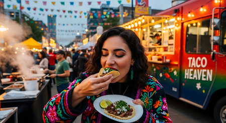 A stylish woman with her eyes closed in enjoyment takes a bite of a delicious taco at a bustling outdoor food festival at night. In the background, a brightly lit food truck and festive string lights create a vibrant and lively atmosphere.の素材