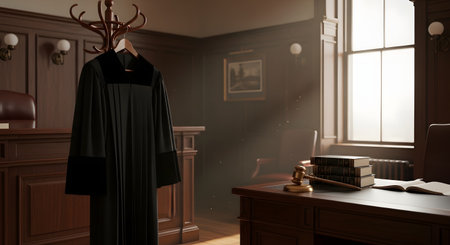 A black judge's robe hangs on a coat rack in an empty, wood-paneled courtroom. A gavel and law books rest on a desk nearby, with sunlight streaming through a window, evoking justice, law, and authority.の素材