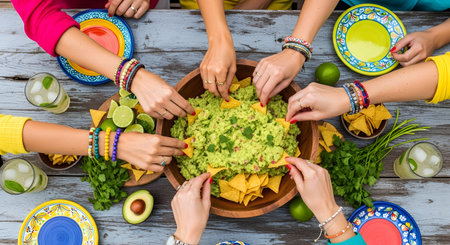 An overhead,flat lay view of multiple hands dipping tortilla chips into a large wooden bowl of guacamole,sharing a snack together. The rustic wooden table is set with colorful plates,glasses of mojitos,and fresh limes,capturing a fun,social party or fiesta.の素材