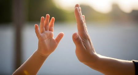 A close-up of a small child's hand and a larger adult's hand in mid-air, about to connect for a high-five. The background is softly blurred with warm sunlight, symbolizing partnership, encouragement, and family.の素材