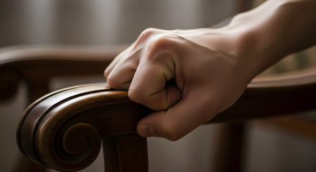 A close-up shot shows a person's hand, knuckles white, clenched tightly around the carved wooden armrest of a chair. The intense grip suggests emotions like stress, anxiety, anger, or anticipation.の素材