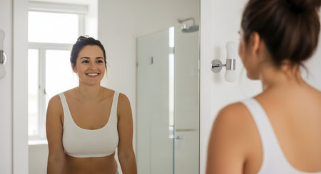 A young woman with dark hair in a bun stands in a modern bathroom, smiling at her own reflection in the mirror. She is wearing a white crop top or sports bra, and the bright, clean environment suggests self-confidence and a positive morning routine.の素材