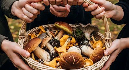 Multiple hands hold a wicker basket overflowing with a variety of freshly foraged wild mushrooms, including porcini and chanterelles. The scene is set outdoors, likely in a forest after a successful mushroom hunt. The image conveys themes of foraging, nature, autumn, and fresh, organic food.の素材