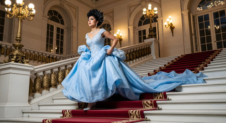 A woman, resembling a princess or debutante, descends a grand staircase with a red carpet runner in a opulent, palace-like hall. She is wearing an elaborate light blue ball gown with a very long train and a tiara in her styled hair. The scene evokes themes of fantasy, royalty, elegance, and a grand ball.の素材