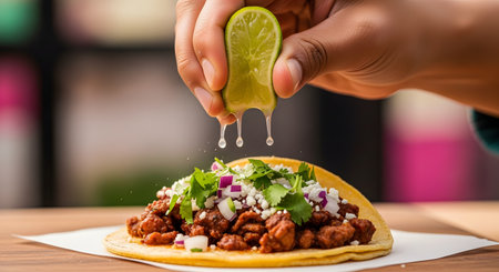 A close-up shot captures a hand squeezing a fresh lime wedge over a delicious-looking street taco. The taco is filled with seasoned meat, cojita cheese, diced red onions, and fresh cilantro, all resting on a warm corn tortilla.の素材