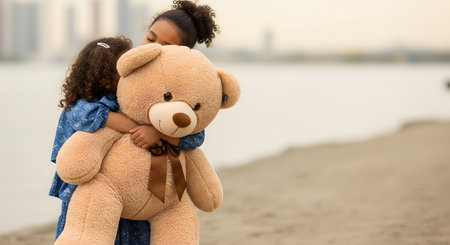 Two young girls with curly hair are standing on a sandy beach, hugging a large, light brown teddy bear together. The background is a soft, out-of-focus view of the water and a distant shoreline. This image evokes feelings of childhood, friendship, love, and comfort.の素材