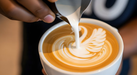 A close-up shot of a barista's hand pouring steamed milk from a metal pitcher into a white coffee cup. The milk is forming an intricate swan pattern, known as latte art, on the surface of the espresso.の素材