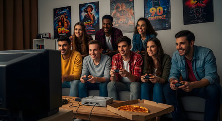 A large, diverse group of young friends sits on a couch, laughing and having fun while playing retro video games on an old console and CRT TV. A pizza box sits on the coffee table, and 90s movie posters adorn the wall, creating a nostalgic party atmosphere.の素材