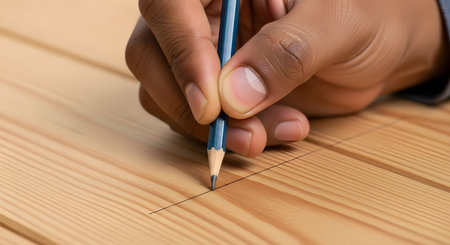 A close-up macro shot of a person's hand firmly holding a blue pencil and drawing a precise straight graphite line on a light-colored wooden plank. The image highlights craftsmanship, carpentry, design, or sketching.の素材