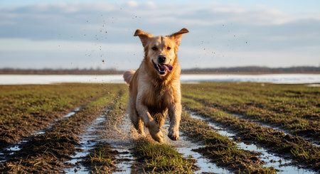 A joyful golden retriever dog with its tongue out runs at full speed directly towards the camera,splashing through a wet,muddy field. The happy pet is enjoying a playful day outdoors,with mud splattering in the air.の素材