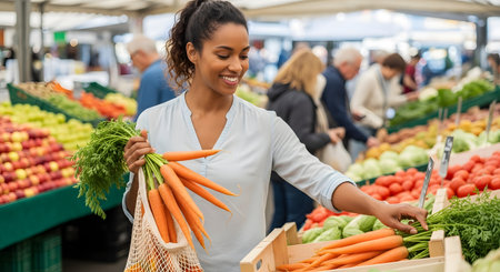 A happy young woman with curly hair smiles as she shops for fresh vegetables at an outdoor farmers' market. She is holding a bunch of organic carrots in a reusable mesh bag, representing a healthy lifestyle, sustainable shopping, and supporting local produce.の素材