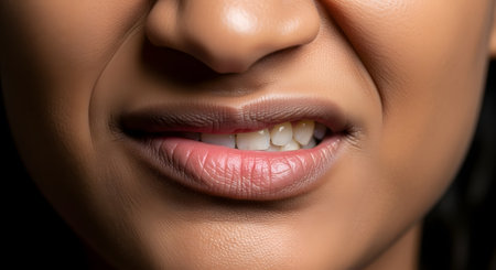 An extreme close-up of a person's mouth and nose, showing them grimacing or sneering. The lips are pulled back, and the nose is wrinkled, expressing disgust, displeasure, or contempt. This macro shot focuses on the negative facial expression.の素材