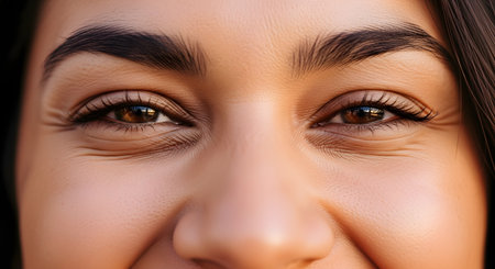 An extreme close-up macro shot of a woman's smiling eyes, showing the fine lines or 'crow's feet' at the corners. The brown eyes are full of expression and happiness. This image conveys joy, authenticity, natural beauty, and the concept of aging gracefully.の素材