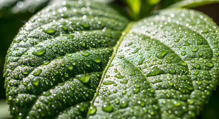 A macro close-up of a vibrant green leaf covered in sparkling water droplets from rain or morning dew. The sunlight highlights the texture of the leaf's veins and the clear, round drops, conveying freshness, nature, and purity.の素材