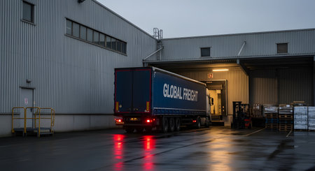 A large blue semi-truck with "Global Freight" written on the side is backed into a brightly lit loading dock of a modern warehouse at dusk. The wet pavement reflects the truck's red taillights, and a forklift and pallets are visible nearby, symbolizing logistics and shipping.の素材