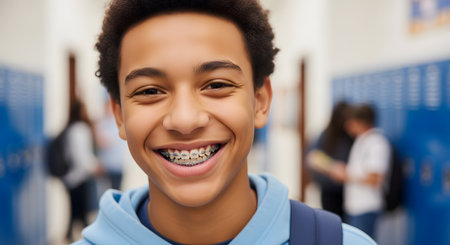 A close-up portrait of a happy, smiling teenage boy with metal braces on his teeth. He is standing in a school hallway with blue lockers blurred in the background, looking directly at the camera.の素材