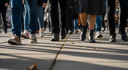 A low-angle, ground-level view of a crowd of people's legs and feet walking on a city sidewalk. The pedestrians are wearing various shoes and pants, such as jeans and boots, and casting shadows in the sunlight.の素材