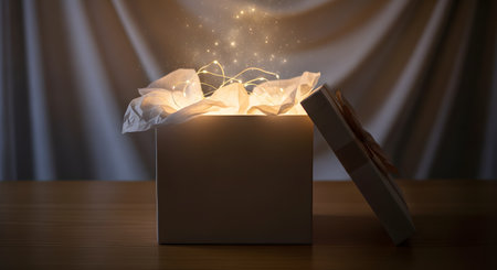 An open white gift box sits on a wooden table. Magical, glowing fairy lights and sparkles emerge from the box, which is lined with white tissue paper. The background is a soft, draped curtain, creating a sense of wonder and surprise.の素材