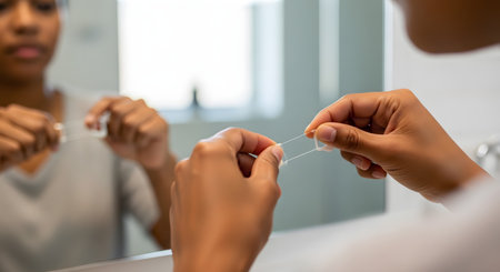 An over-the-shoulder view of a woman in a bathroom, holding a piece of dental floss taut between her fingers. Her reflection is visible in the mirror as she prepares for her oral hygiene routine.の素材
