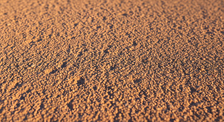 A close-up macro shot of a red clay tennis court surface, showing the detailed texture of the granular material. The low-angle sunlight creates small shadows, highlighting the rough and pebbly surface. This image serves as a perfect background for sports or tennis-related themes.の素材